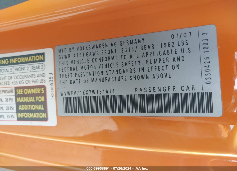 2007 VOLKSWAGEN GTI 2-DOOR/FAHRENHEIT VIN: WVWFV71KX7W161614