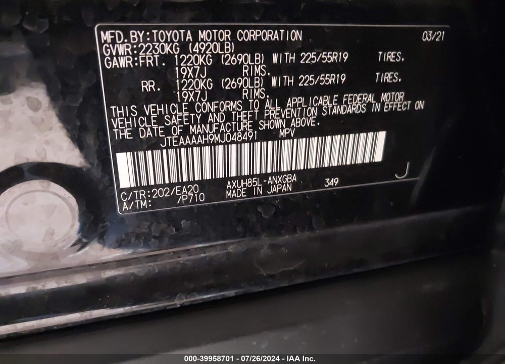 2021 TOYOTA VENZA XLE VIN: JTEAAAAH9MJ048491