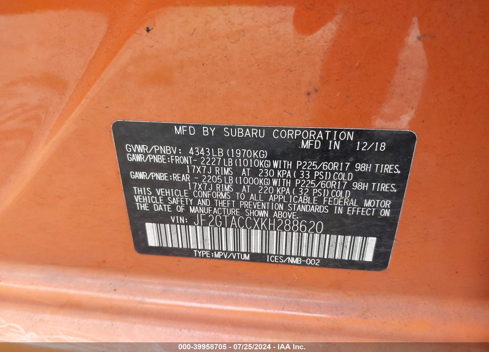 2019 SUBARU CROSSTREK 2.0I PREMIUM VIN: JF2GTACCXKH288620