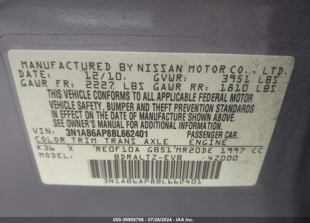 2011 NISSAN SENTRA 2.0S VIN: 3N1AB6AP8BL662401