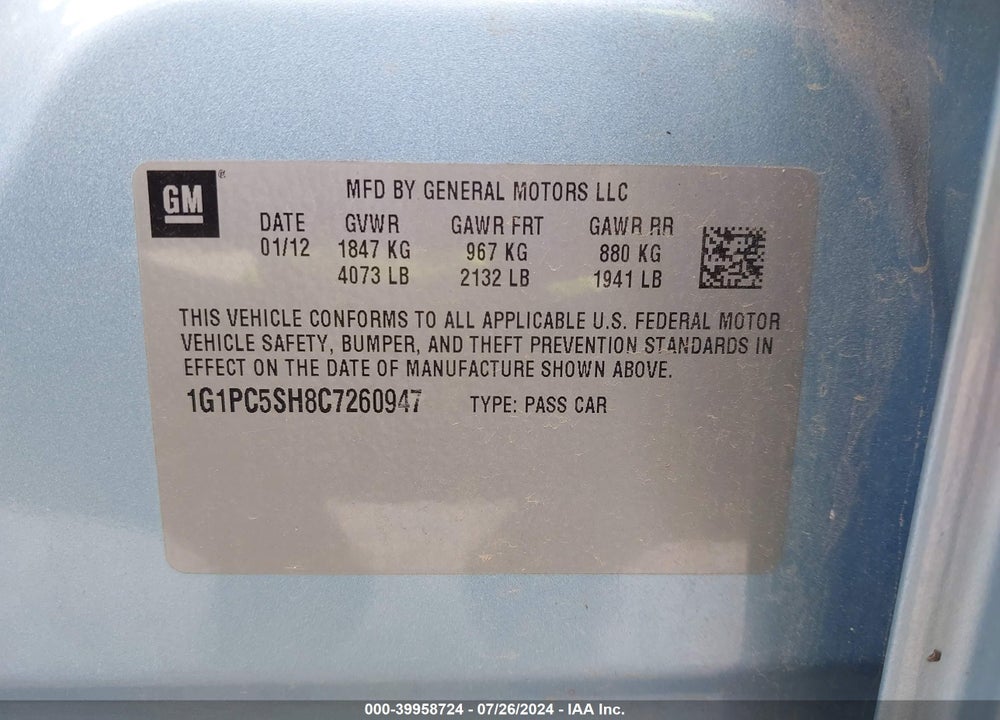 2012 CHEVROLET CRUZE LS VIN: 1G1PC5SH8C7260947