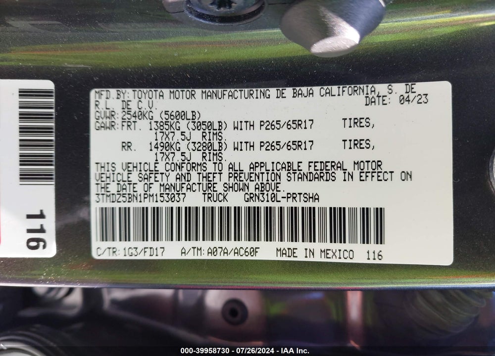2023 TOYOTA TACOMA VIN: 3TMDZ5BN1PM153037
