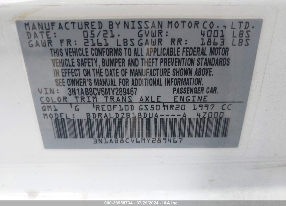 2021 NISSAN SENTRA SV XTRONIC CVT VIN: 3N1AB8CV6MY289467