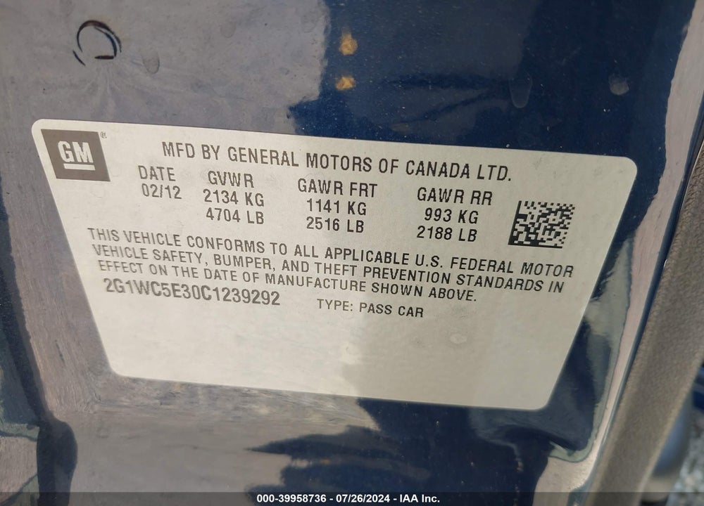 2012 CHEVROLET IMPALA LTZ VIN: 2G1WC5E30C1239292