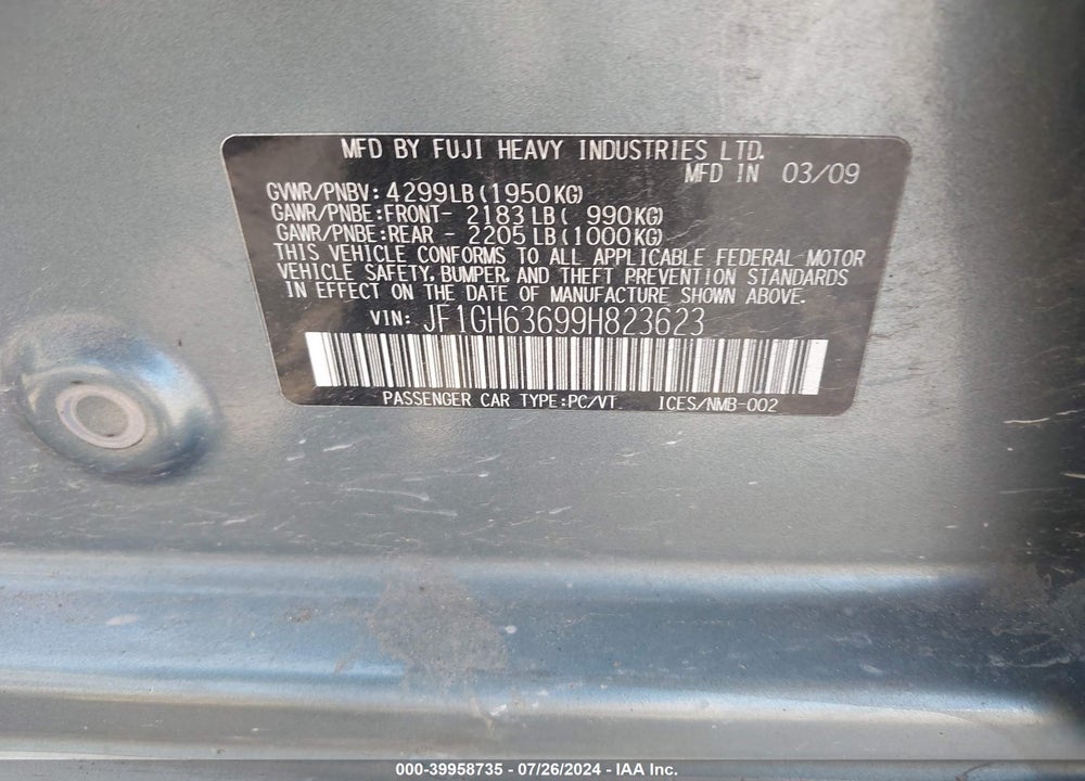 2009 SUBARU IMPREZA OUTBACK SPORT VIN: JF1GH63699H823623