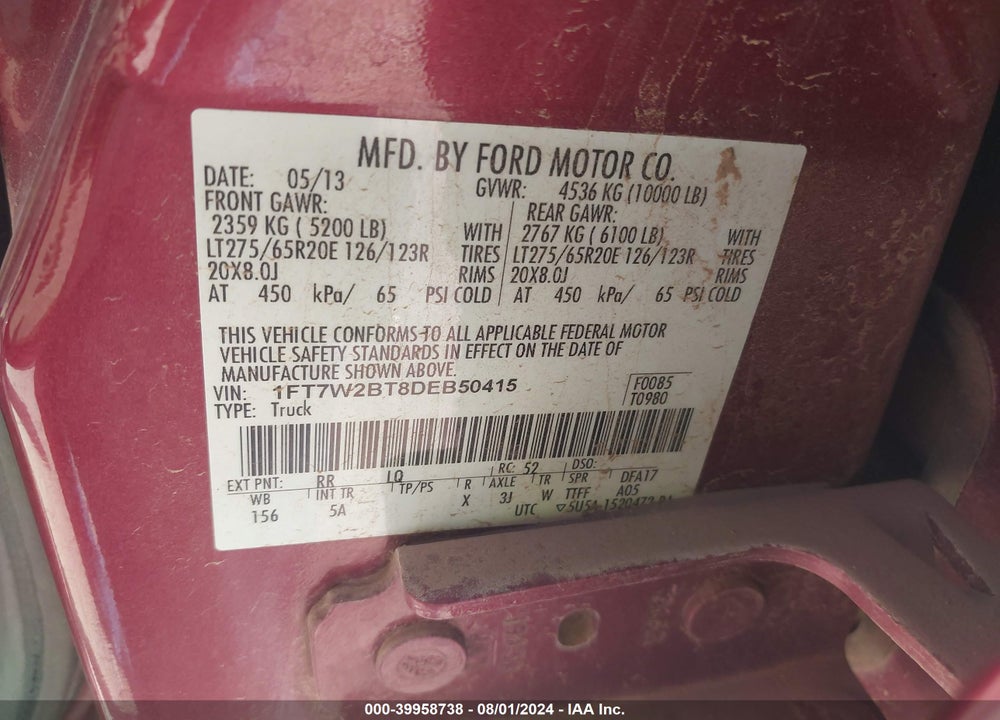 2013 FORD F-250 VIN: 1FT7W2BT8DEB50415