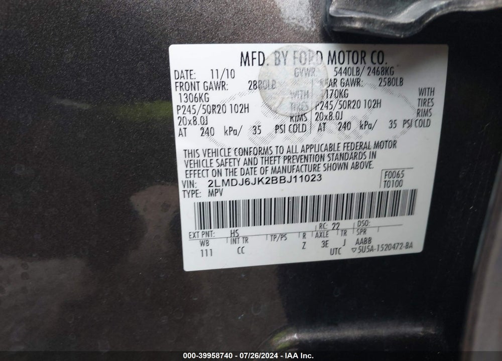 2011 LINCOLN MKX VIN: 2LMDJ6JK2BBJ11023