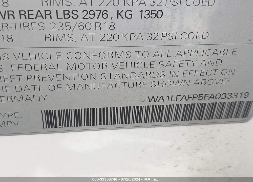 2015 AUDI Q5 2.0T PREMIUM VIN: WA1LFAFP5FA033319