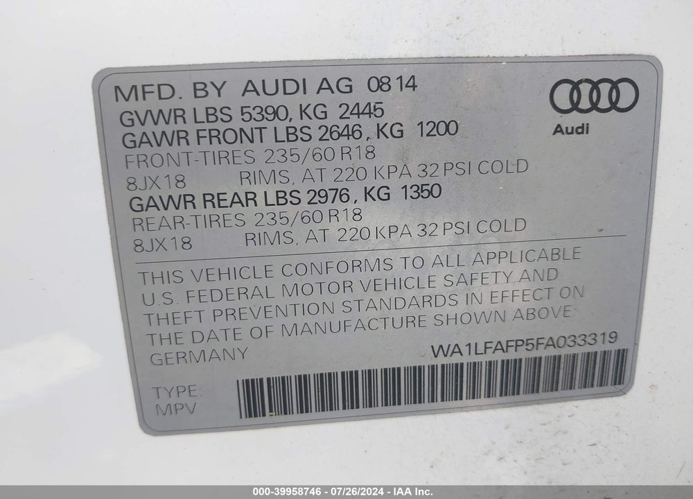 2015 AUDI Q5 2.0T PREMIUM VIN: WA1LFAFP5FA033319