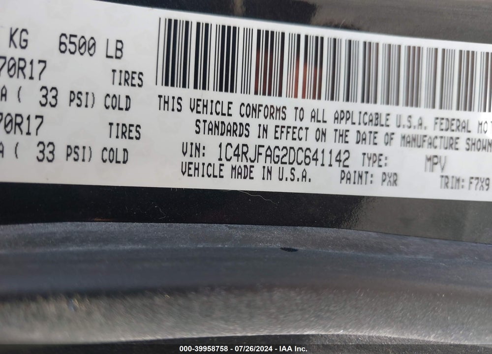 2013 JEEP GRAND CHEROKEE LAREDO VIN: 1C4RJFAG2DC641142