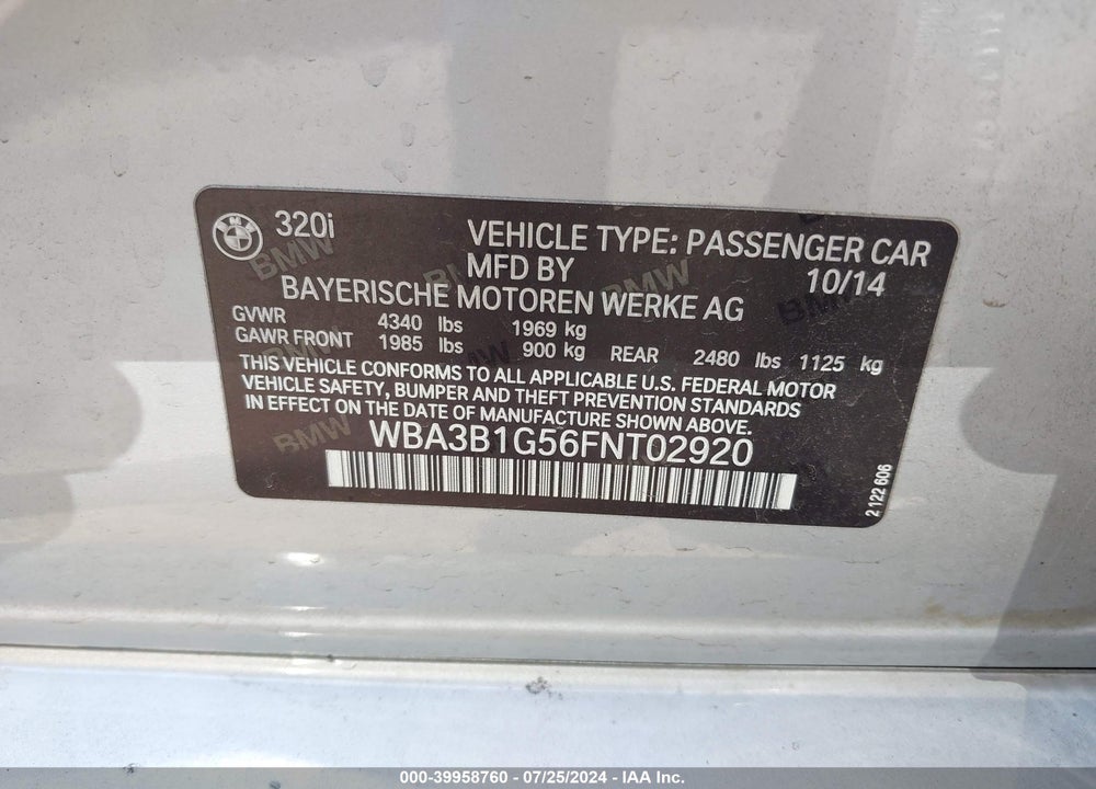 2015 BMW 320I VIN: WBA3B1G56FNT02920