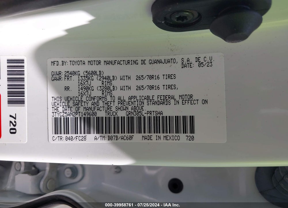 2023 TOYOTA TACOMA TRAIL EDITION VIN: 3TYCZ5AN2PT149600