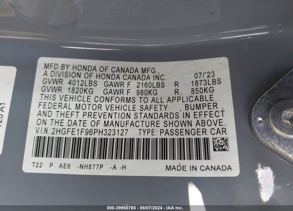 2023 HONDA CIVIC TOURING VIN: 2HGFE1F96PH323127