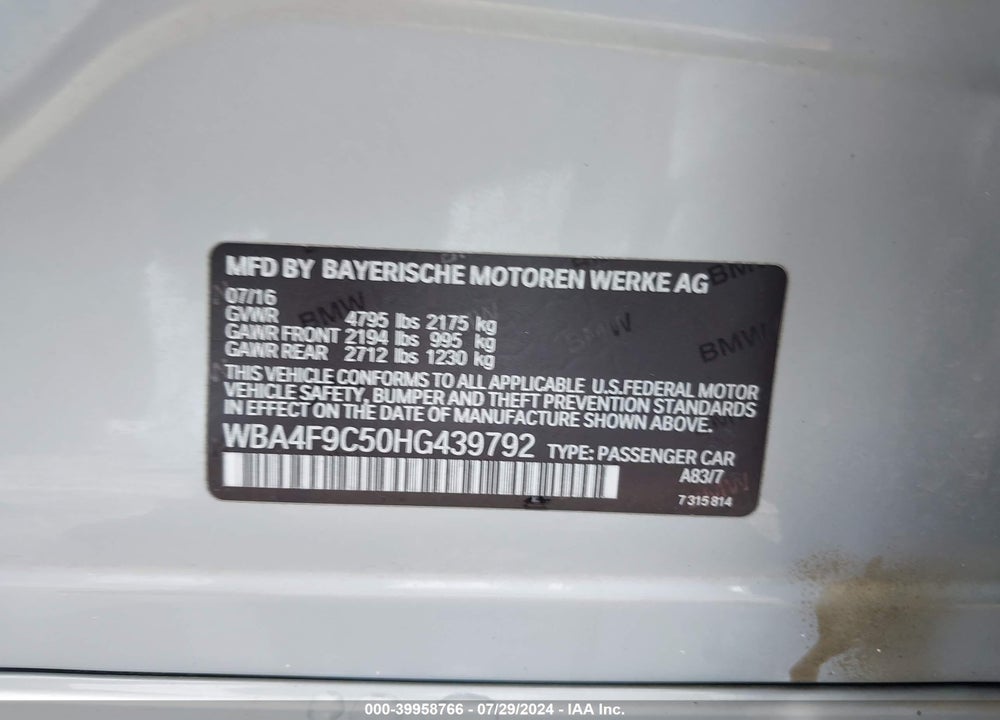 2017 BMW 430I GRAN COUPE XDRIVE VIN: WBA4F9C50HG439792