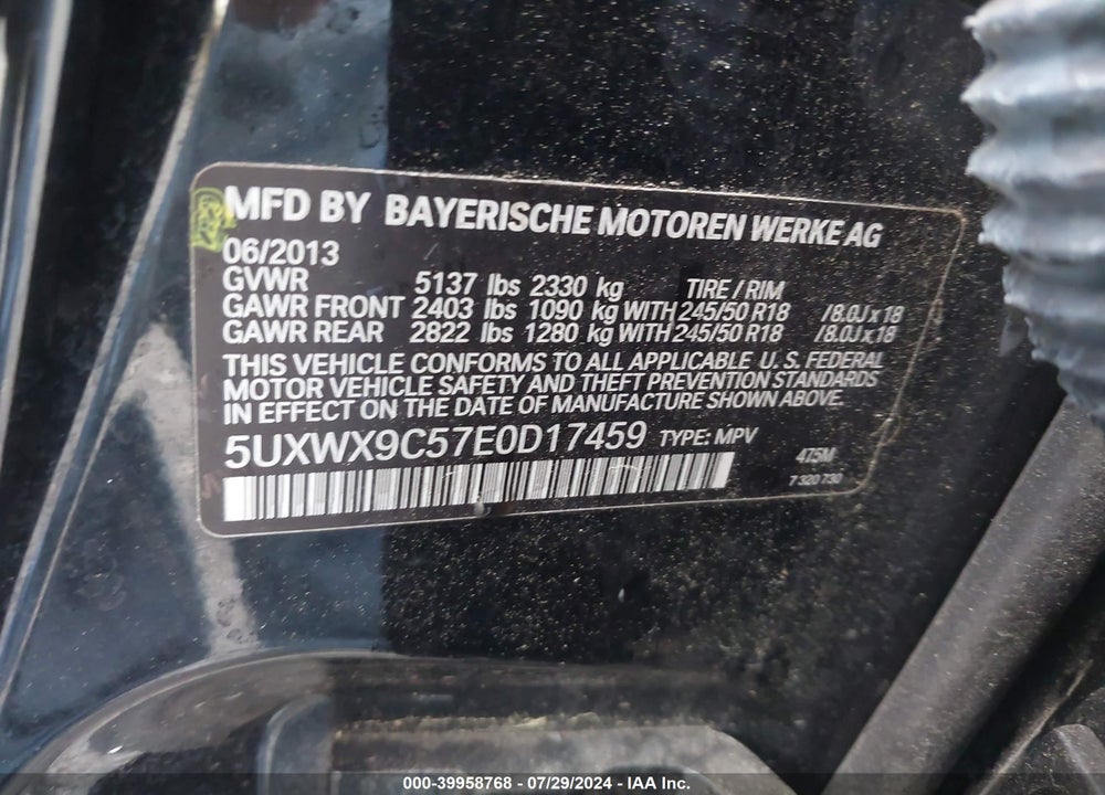 2014 BMW X3 XDRIVE28I VIN: 5UXWX9C57E0D17459
