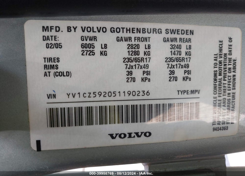 2005 VOLVO XC90 2.5T AWD VIN: YV1CZ592051190236