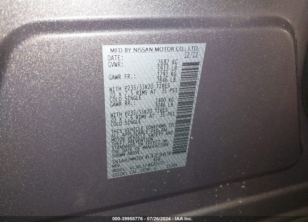 2013 NISSAN PATHFINDER PLATINUM VIN: 5N1AR2MM2DC632369