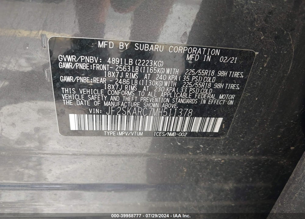 2021 SUBARU FORESTER SPORT VIN: JF2SKARC7MH511378