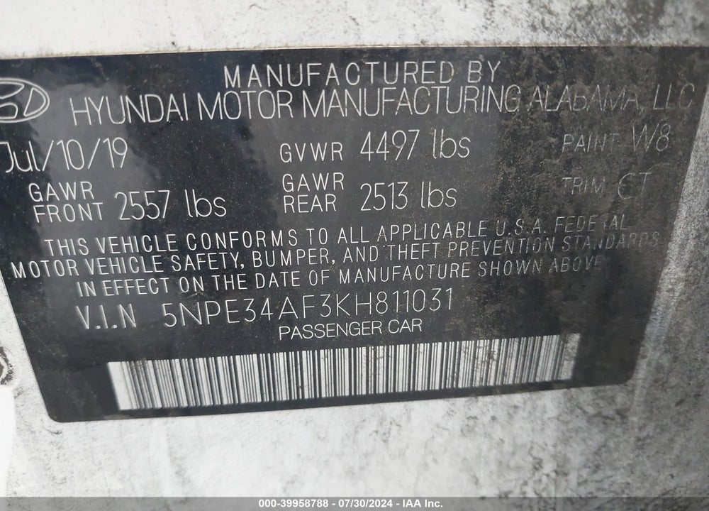 2019 HYUNDAI SONATA SPORT VIN: 5NPE34AF3KH811031