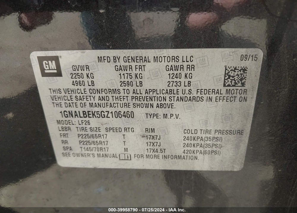 2016 CHEVROLET EQUINOX LS VIN: 1GNALBEK5GZ106460