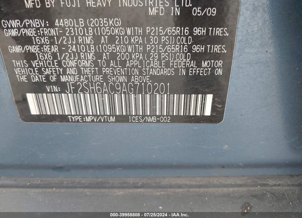 2010 SUBARU FORESTER 2.5X VIN: JF2SH6AC9AG710201