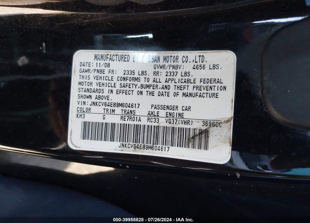 2009 INFINITI G37 VIN: JNKCV64E89M604617