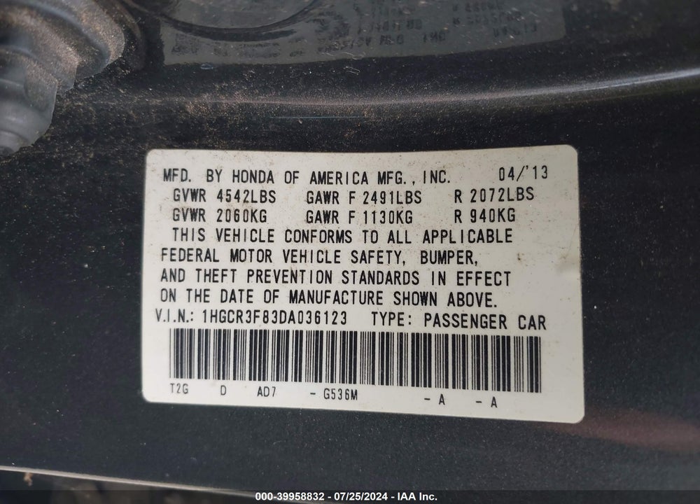 2013 HONDA ACCORD EX-L V-6 VIN: 1HGCR3F83DA036123
