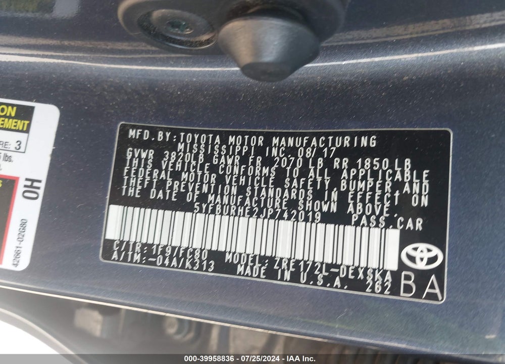 2018 TOYOTA COROLLA L/LE/SE/XLE/XSE VIN: 5YFBURHE2JP742019