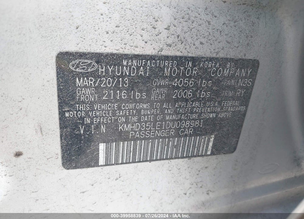 2013 HYUNDAI ELANTRA GT VIN: KMHD35LE1DU098981