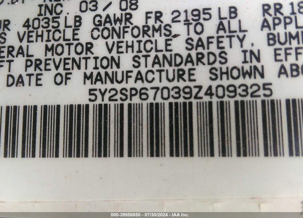 2009 PONTIAC VIBE VIN: 5Y2SP67039Z409325