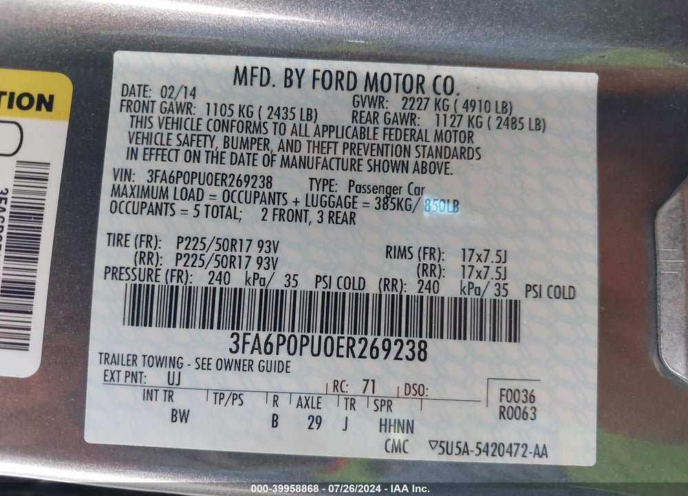 2014 FORD FUSION ENERGI SE LUXURY VIN: 3FA6P0PU0ER269238
