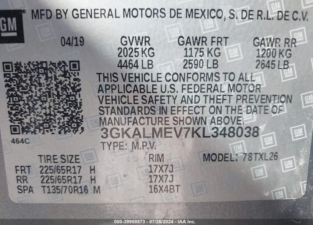 2019 GMC TERRAIN SLE VIN: 3GKALMEV7KL348038