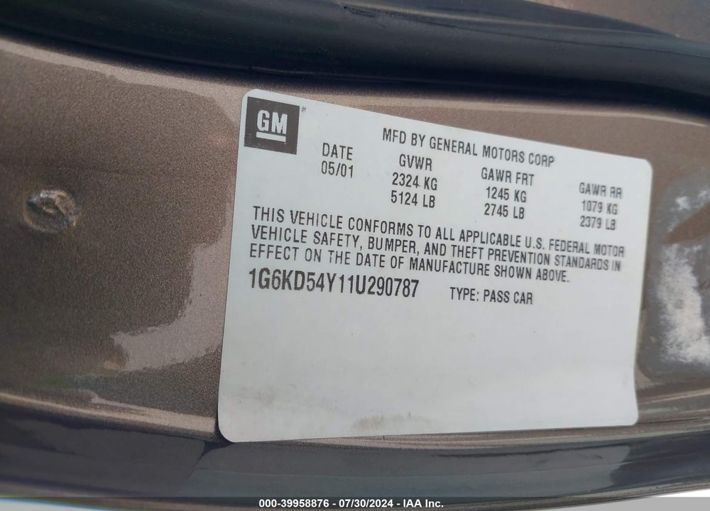 2001 CADILLAC DEVILLE STANDARD VIN: 1G6KD54Y11U290787