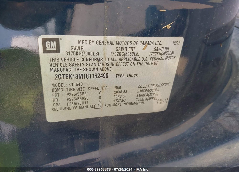 2008 GMC SIERRA 1500 SLE1 VIN: 2GTEK13M181182490