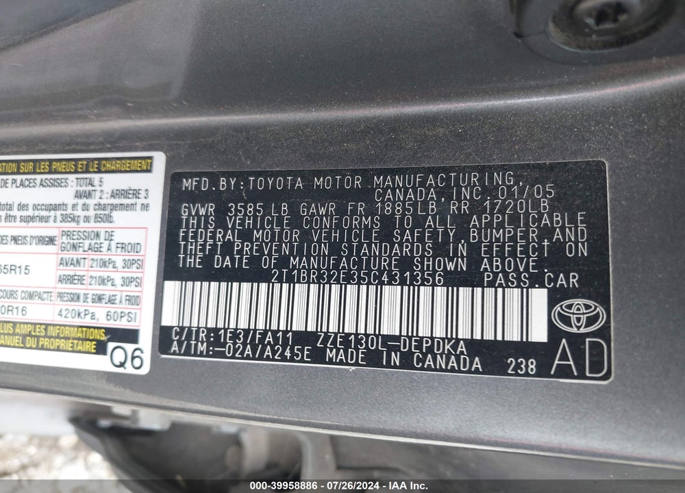 2005 TOYOTA COROLLA CE/LE/S VIN: 2T1BR32E35C431356