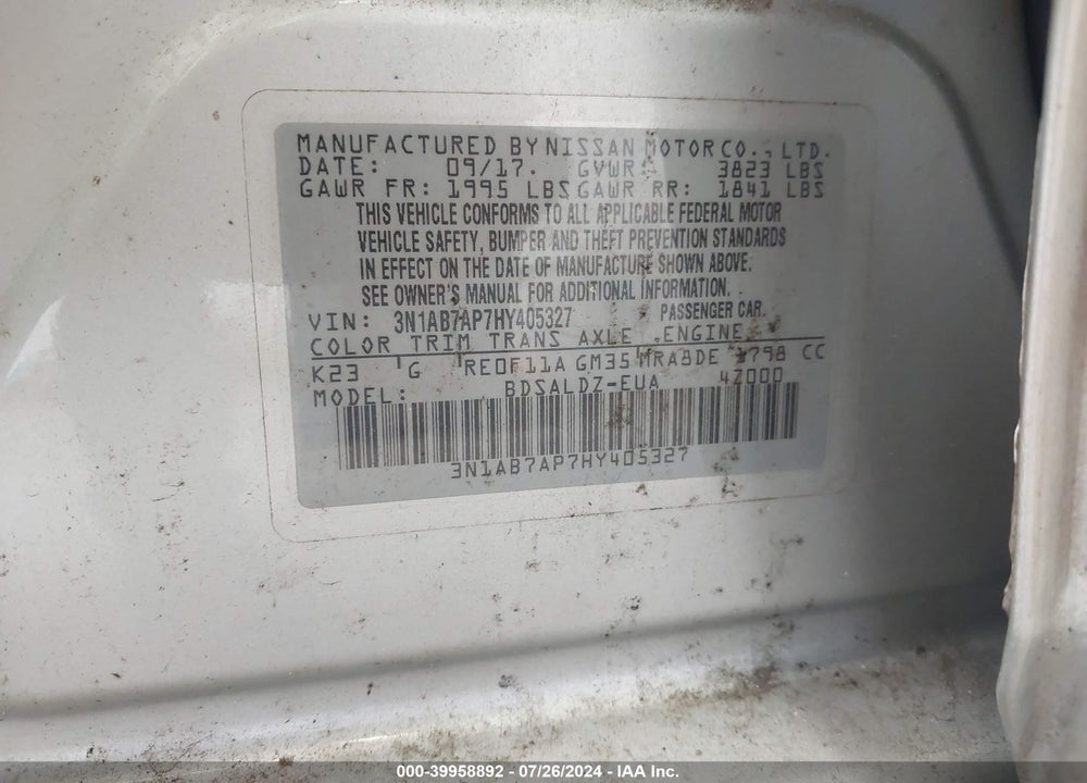 2017 NISSAN SENTRA SV VIN: 3N1AB7AP7HY405327