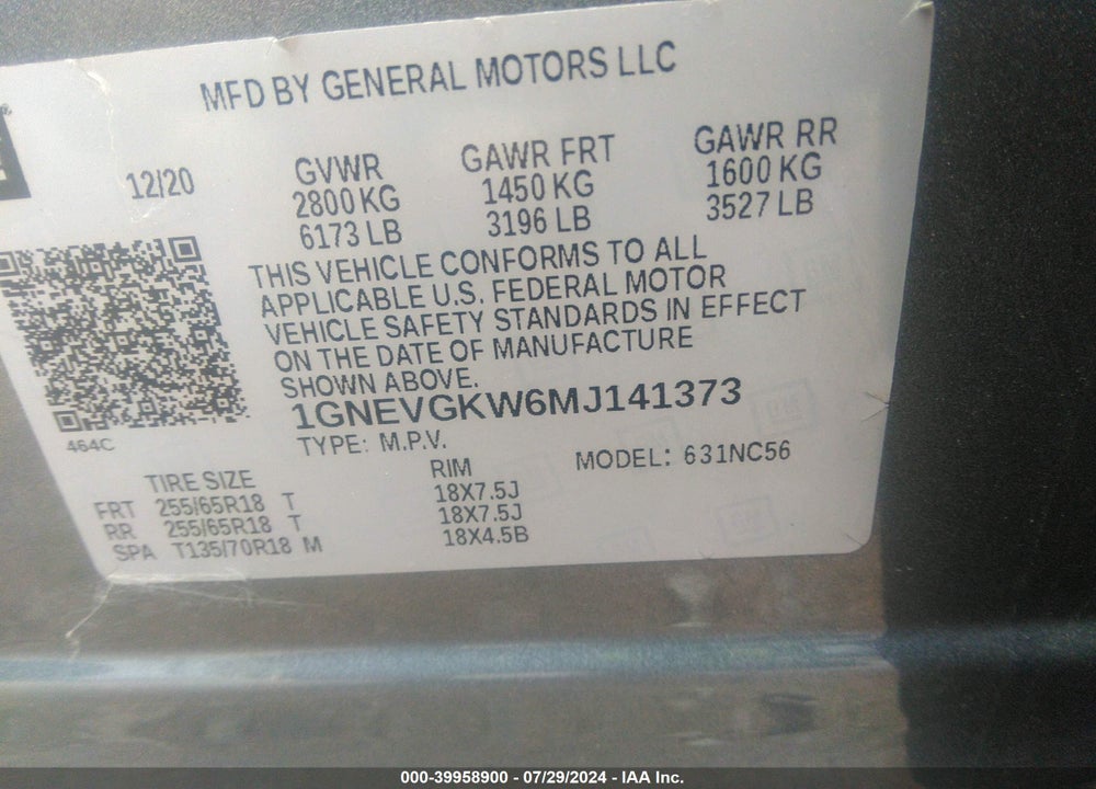 2021 CHEVROLET TRAVERSE AWD LT CLOTH VIN: 1GNEVGKW6MJ141373