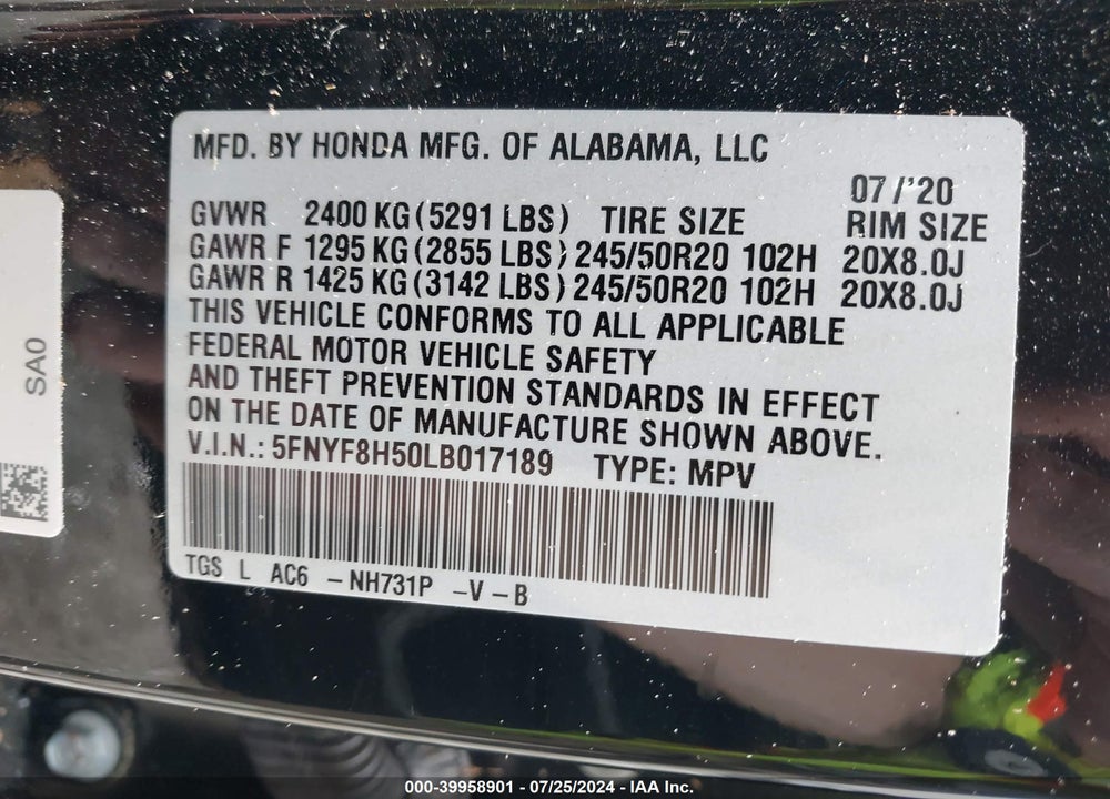 2020 HONDA PASSPORT AWD EX-L VIN: 5FNYF8H50LB017189