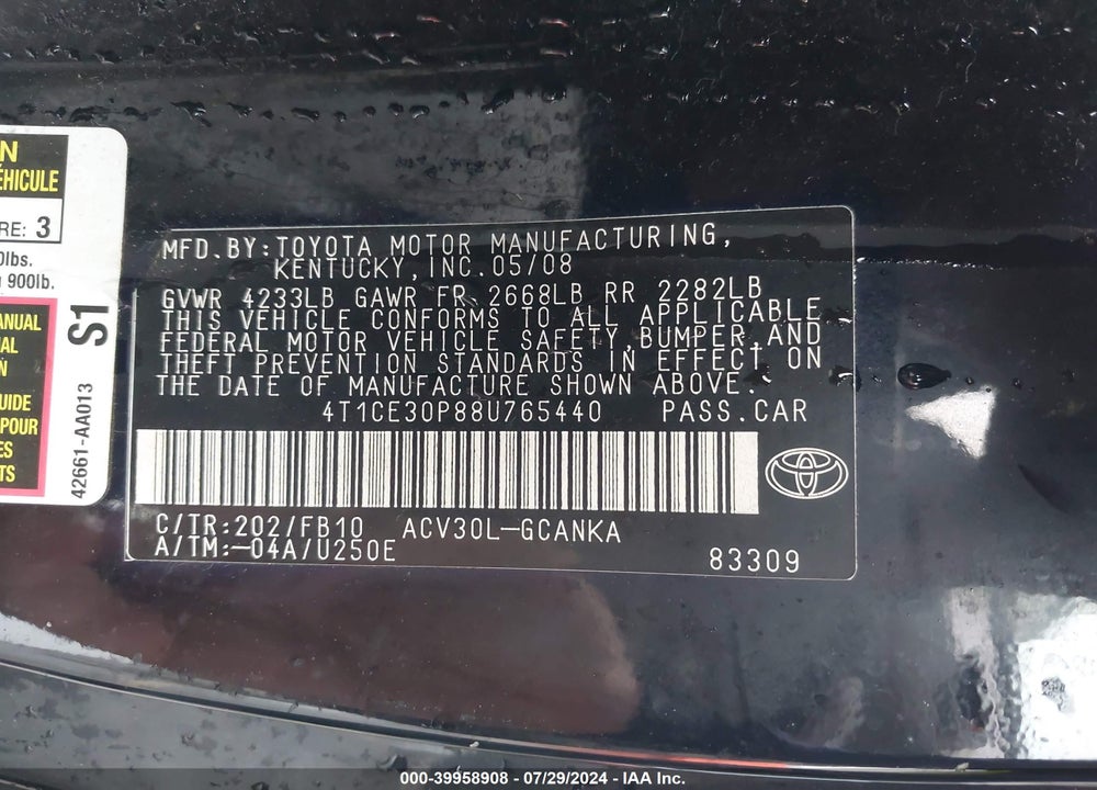 2008 TOYOTA CAMRY SOLARA VIN: 4T1CE30P88U765440