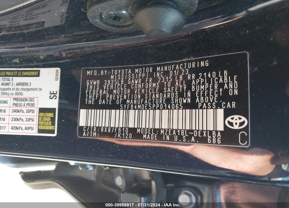 2023 TOYOTA COROLLA LE VIN: 5YFB4MDE5PP014065