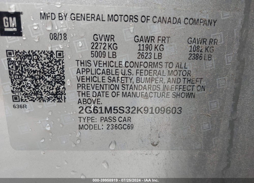 2019 CADILLAC XTS LUXURY VIN: 2G61M5S32K9109603
