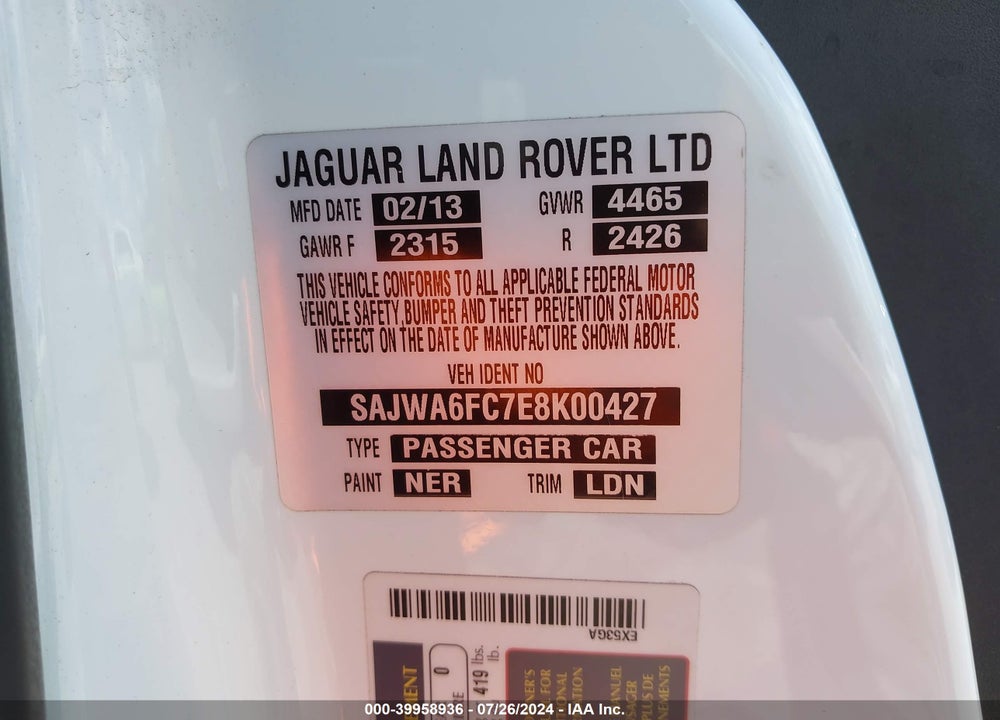 2014 JAGUAR F-TYPE S VIN: SAJWA6FC7E8K00427