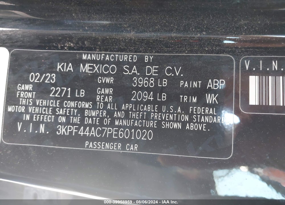 2023 KIA FORTE GT VIN: 3KPF44AC7PE601020