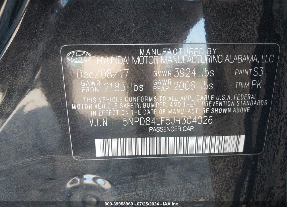 2018 HYUNDAI ELANTRA SEL VIN: 5NPD84LF5JH304026