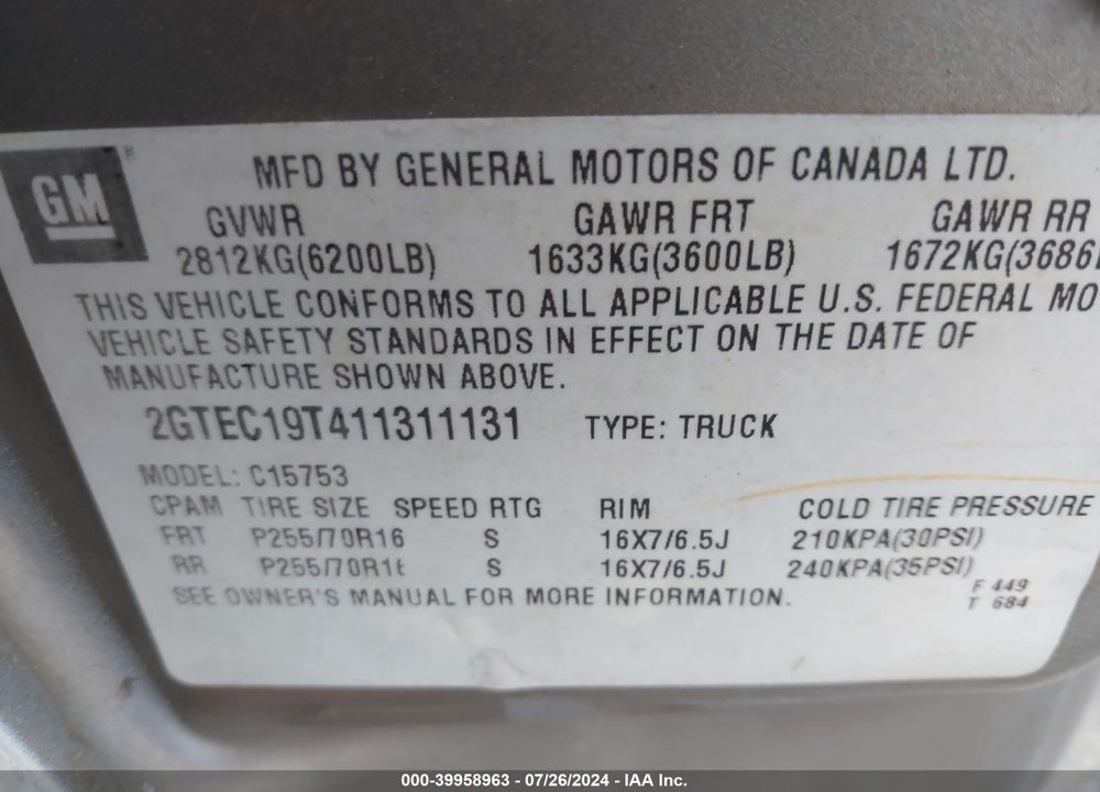 2001 GMC SIERRA 1500 SLE VIN: 2GTEC19T411311131