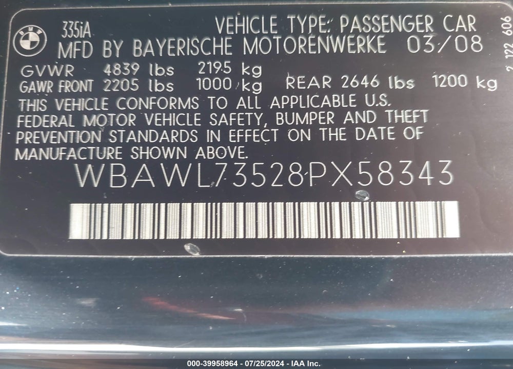 2008 BMW 335I VIN: WBAWL73528PX58343