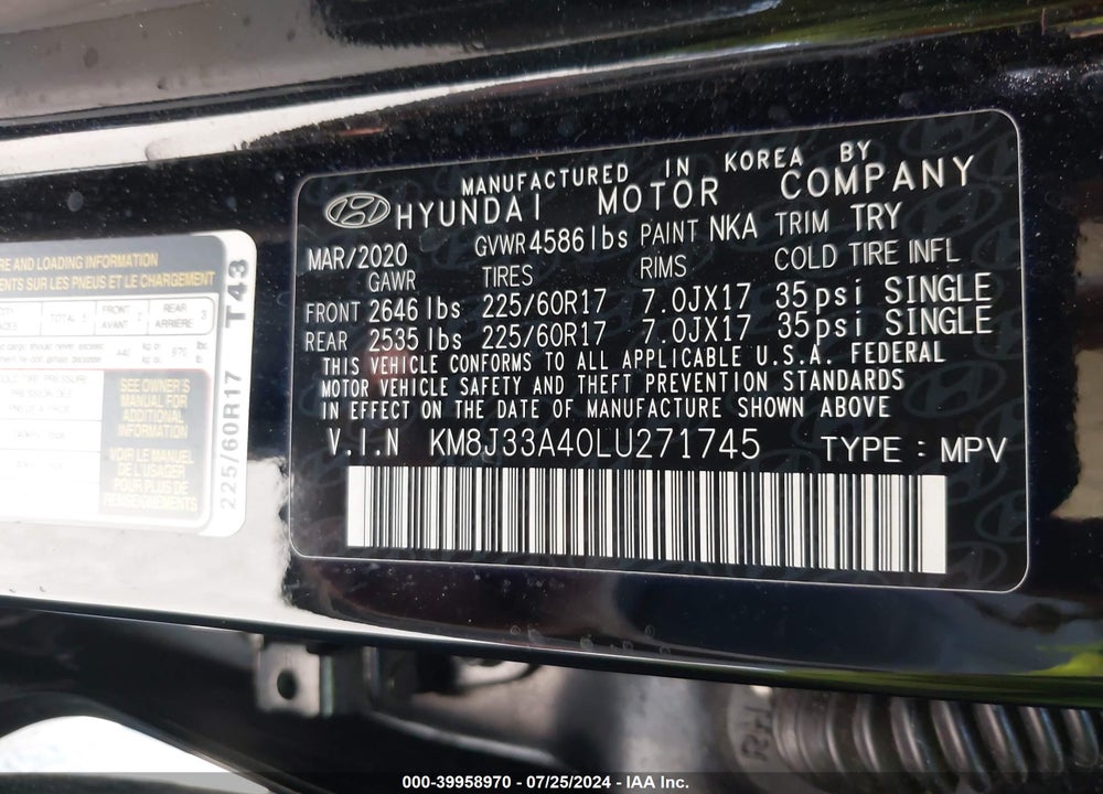 2020 HYUNDAI TUCSON VALUE VIN: KM8J33A40LU271745