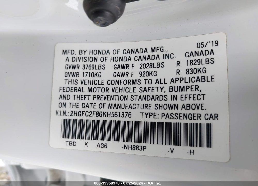 2019 HONDA CIVIC SPORT VIN: 2HGFC2F86KH561376