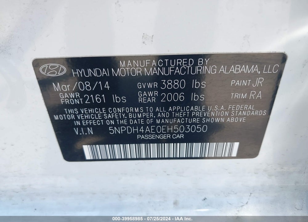 2014 HYUNDAI ELANTRA SE VIN: 5NPDH4AE0EH503050