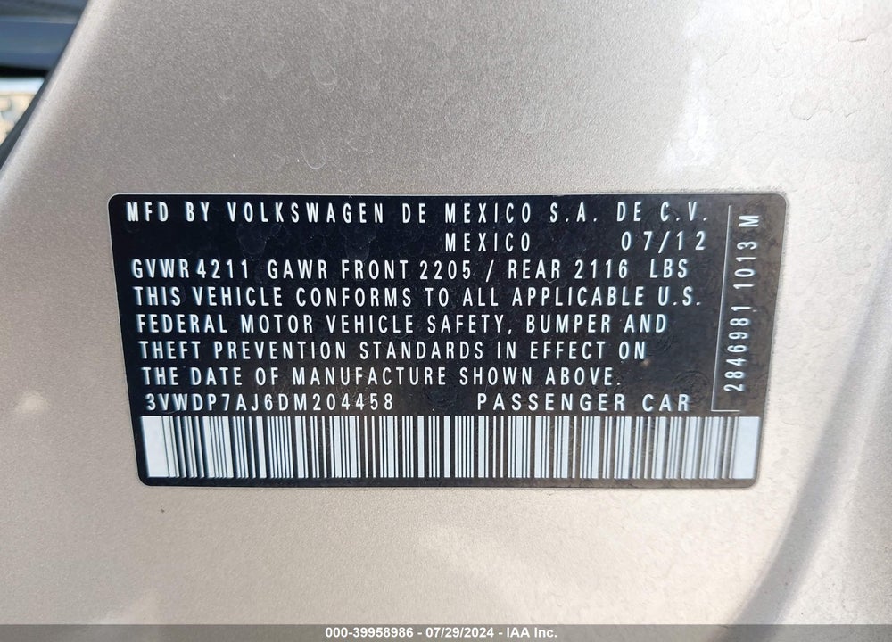 2013 VOLKSWAGEN JETTA 2.5L SE VIN: 3VWDP7AJ6DM204458